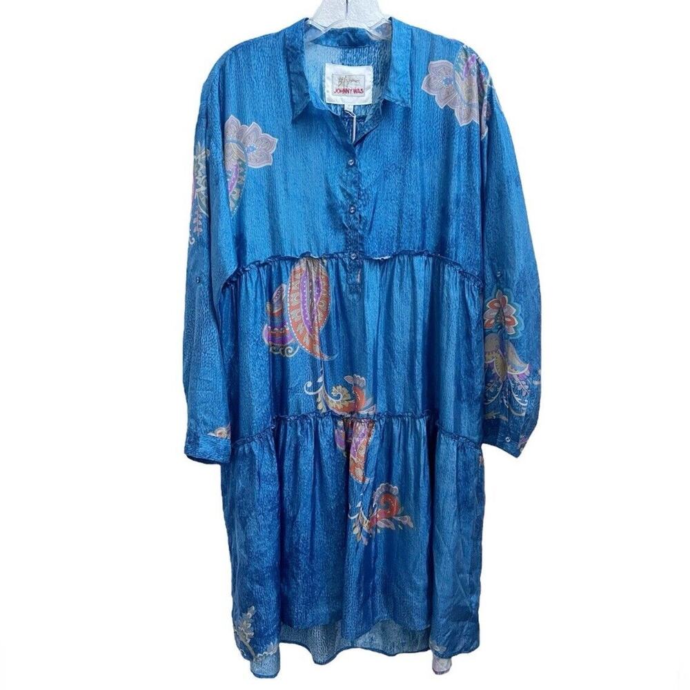 Johnny Was Sascha Silk Shirt Dress Tiered Sz S Long Slv Blue Paisley Spray
